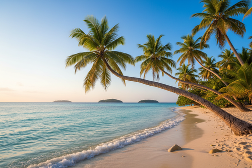 Palm trees leaning over turquoise ocean water